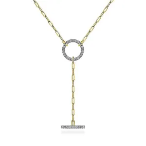14K Yellow Gold Diamond Circle And Bar Y-Knot Necklace With Paperclip Chain