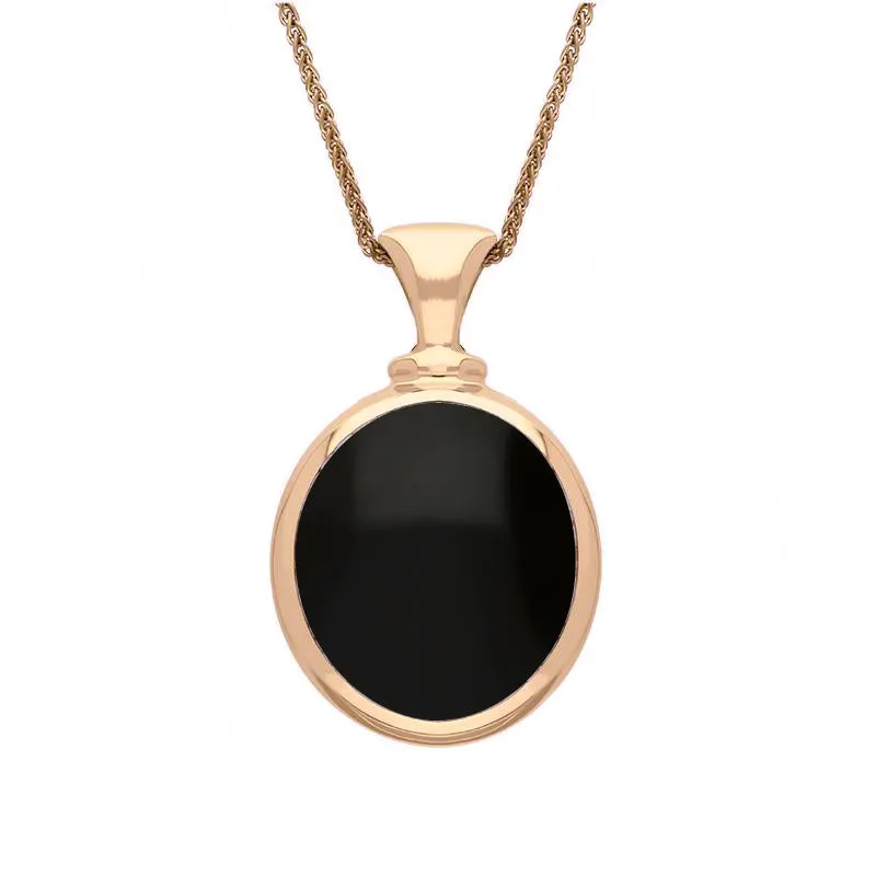 18ct Rose Gold Whitby Jet Malachite Small Double Sided Oval Fob Necklace
