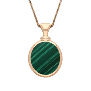 18ct Rose Gold Whitby Jet Malachite Small Double Sided Oval Fob Necklace