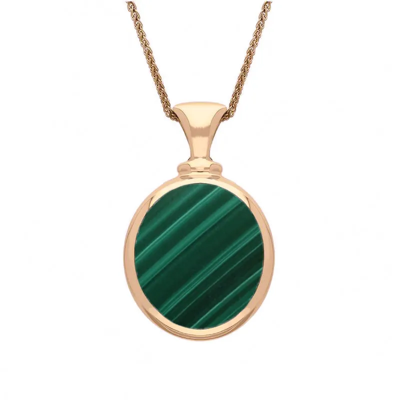 18ct Rose Gold Whitby Jet Malachite Small Double Sided Oval Fob Necklace