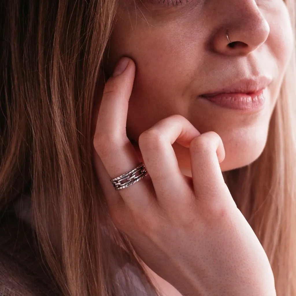 Adjustable Silver Chain Band Thick Unisex Open Statement Ring