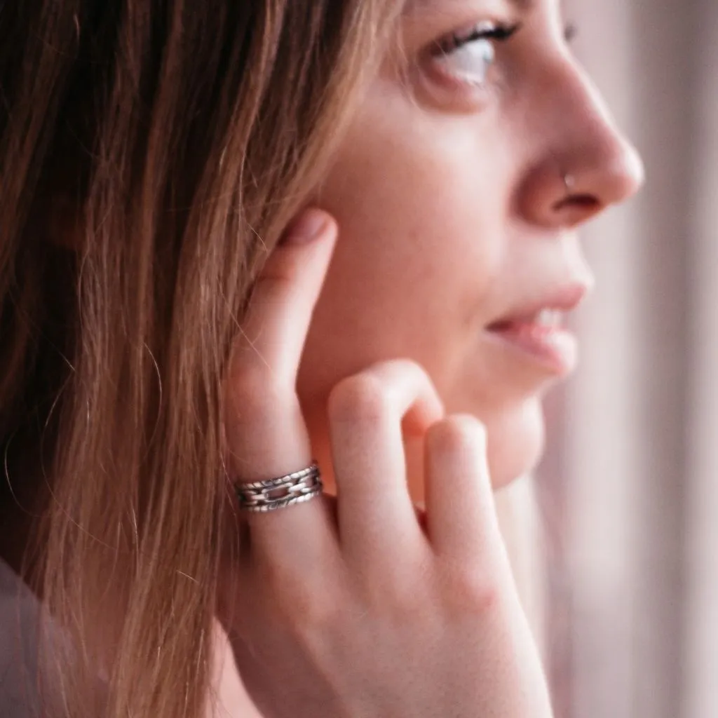 Adjustable Silver Chain Band Thick Unisex Open Statement Ring