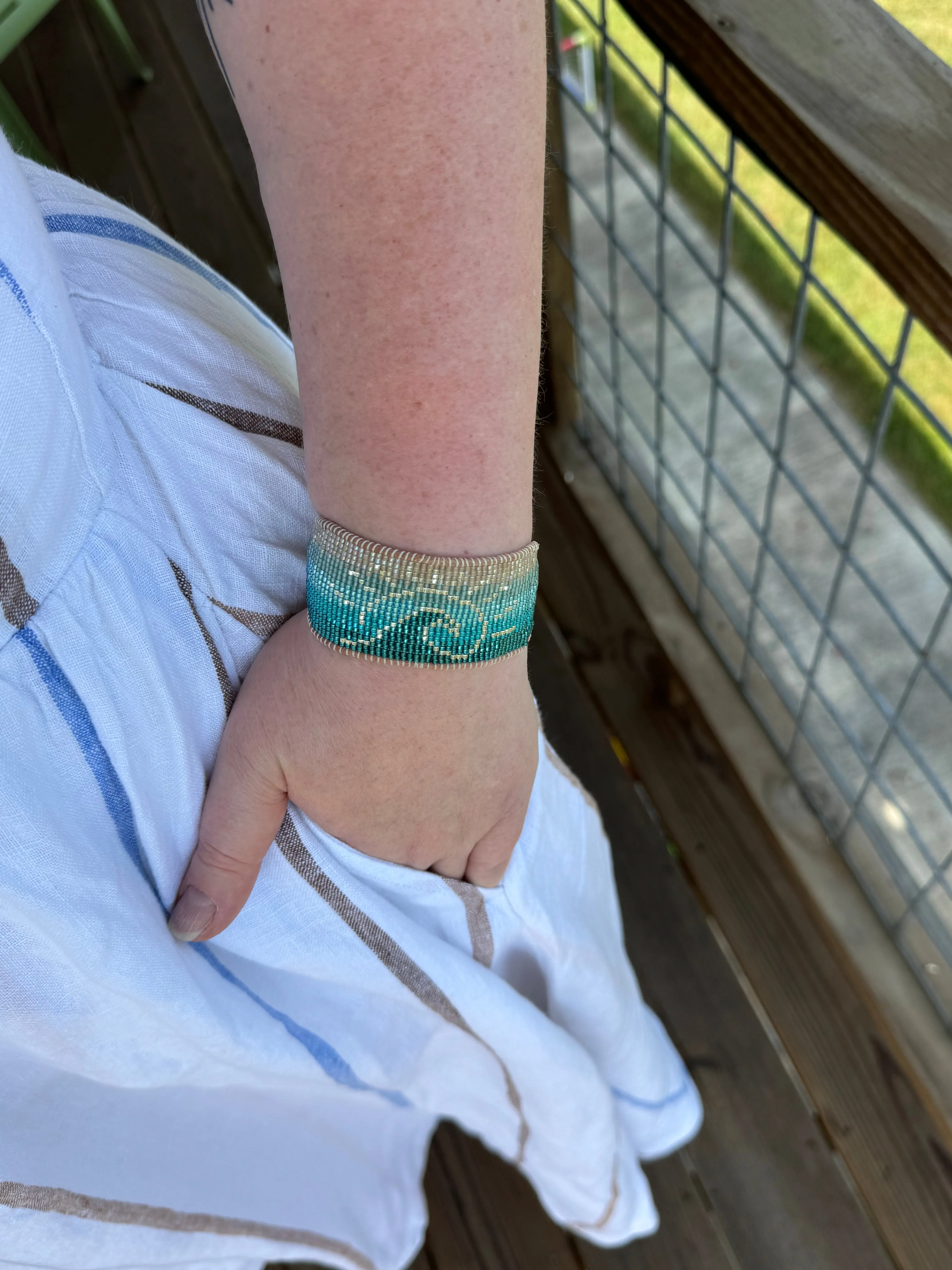 Beachy Wave and Sun Blue Faded Bead Loom Woven Slide Adjustable Bracelet