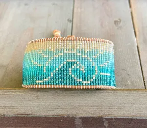 Beachy Wave and Sun Blue Faded Bead Loom Woven Slide Adjustable Bracelet