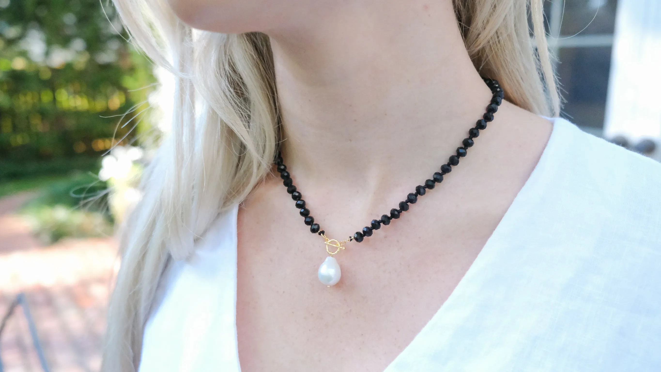 Black Spinels Necklace | Luxurious Faceted Design with Freshwater Pearl Accent | By Pearly Girls