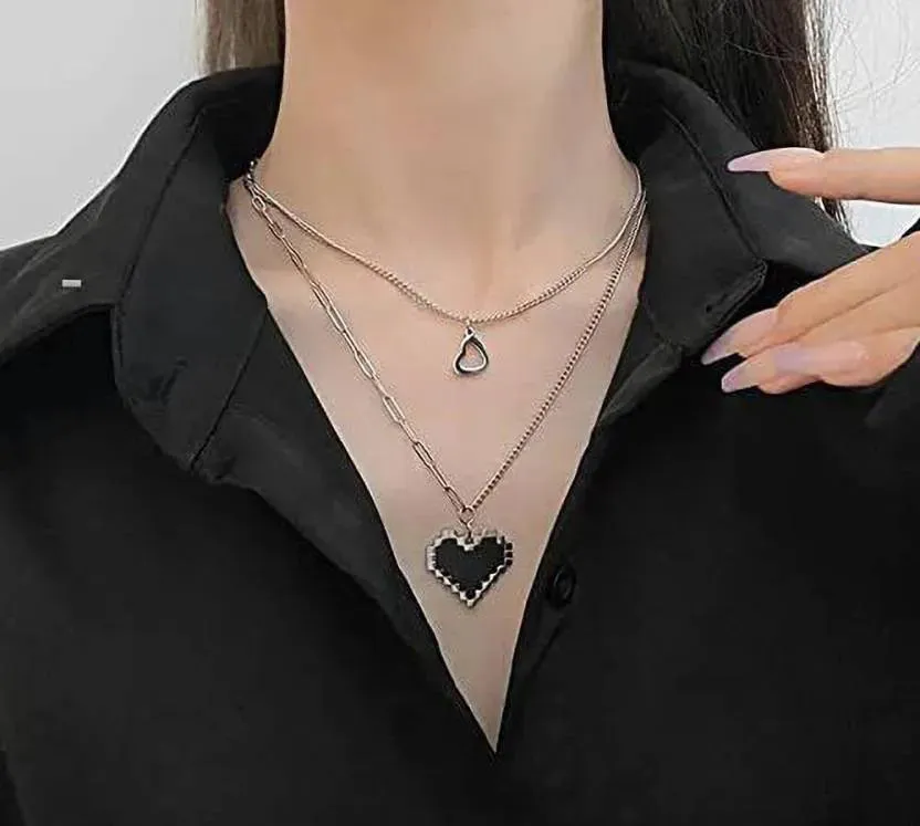 Borscht Pixelated Heart Pendant Layered Chain