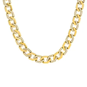 C101G B.Tiff Pave High Polish Gold Plated Flat Angular Cuban Link Stainless Steel Chain Necklace