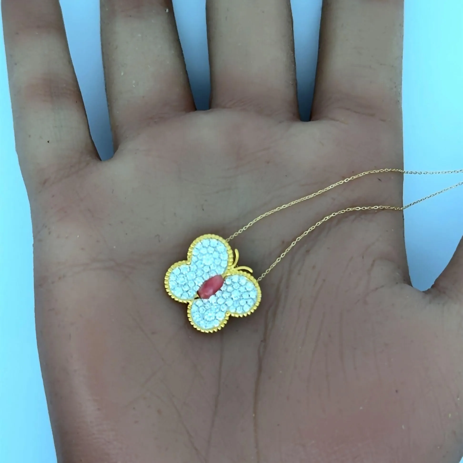 Conch Pearl Diamond 18k Yellow Gold Butterfly Pendant Necklace