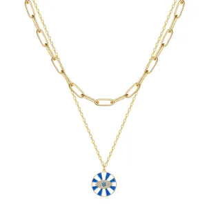 Dainty 14K Gold Layered Evil Eye Religious Necklace- Paperclip Lucky Blue Eye