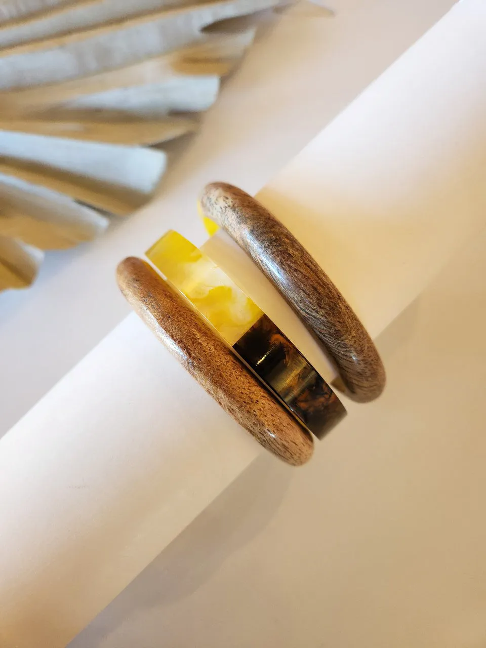 Dani Wood and Lucite Bangle Set | Natural Wood and Marbled Lucite Bangles | Colorful Boho Tribal Style