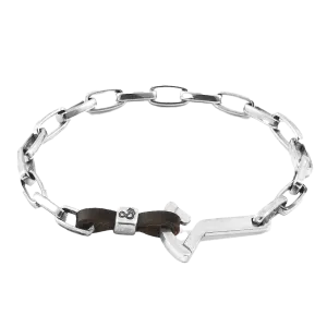Dark Brown Frigate Anchor Silver and Flat Leather Bracelet