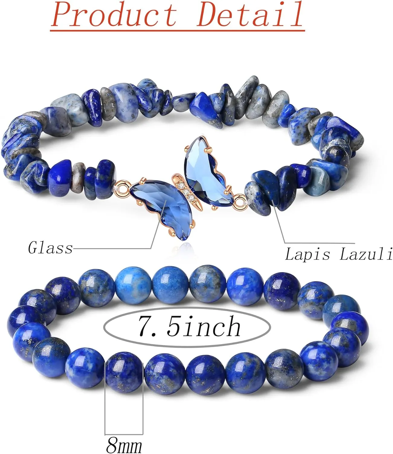 DUQGUHO 2Pcs Butterfly Bracelets for Women Healing Crystals Bracelets for Women Natural Gemstone Bead Bracelet Cute Butterfly Charm Bracelet Stretch 8mm Crystal Jewelry Gifts for Women