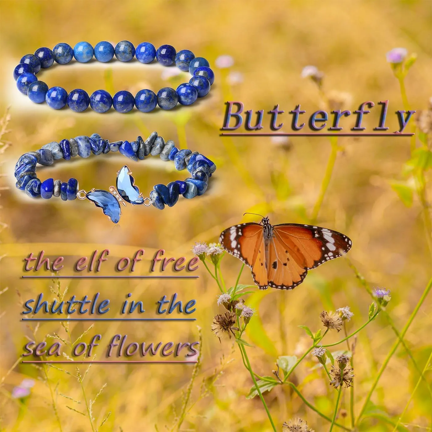 DUQGUHO 2Pcs Butterfly Bracelets for Women Healing Crystals Bracelets for Women Natural Gemstone Bead Bracelet Cute Butterfly Charm Bracelet Stretch 8mm Crystal Jewelry Gifts for Women