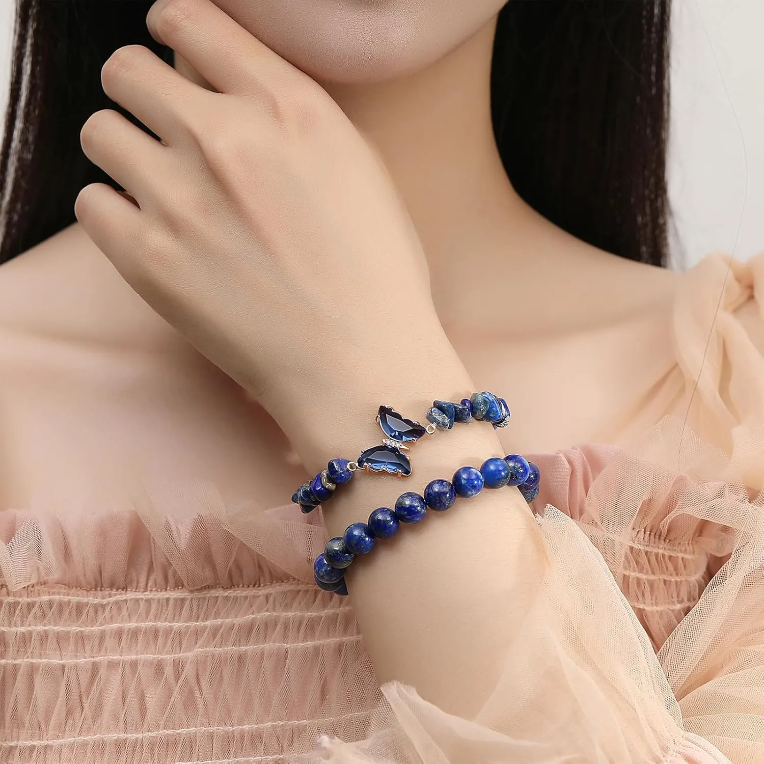 DUQGUHO 2Pcs Butterfly Bracelets for Women Healing Crystals Bracelets for Women Natural Gemstone Bead Bracelet Cute Butterfly Charm Bracelet Stretch 8mm Crystal Jewelry Gifts for Women