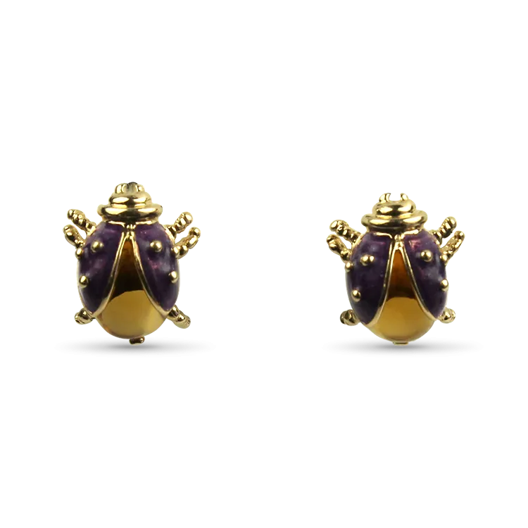 Estate 14k Yellow Gold Ladybug Citrine and Enamel Earrings