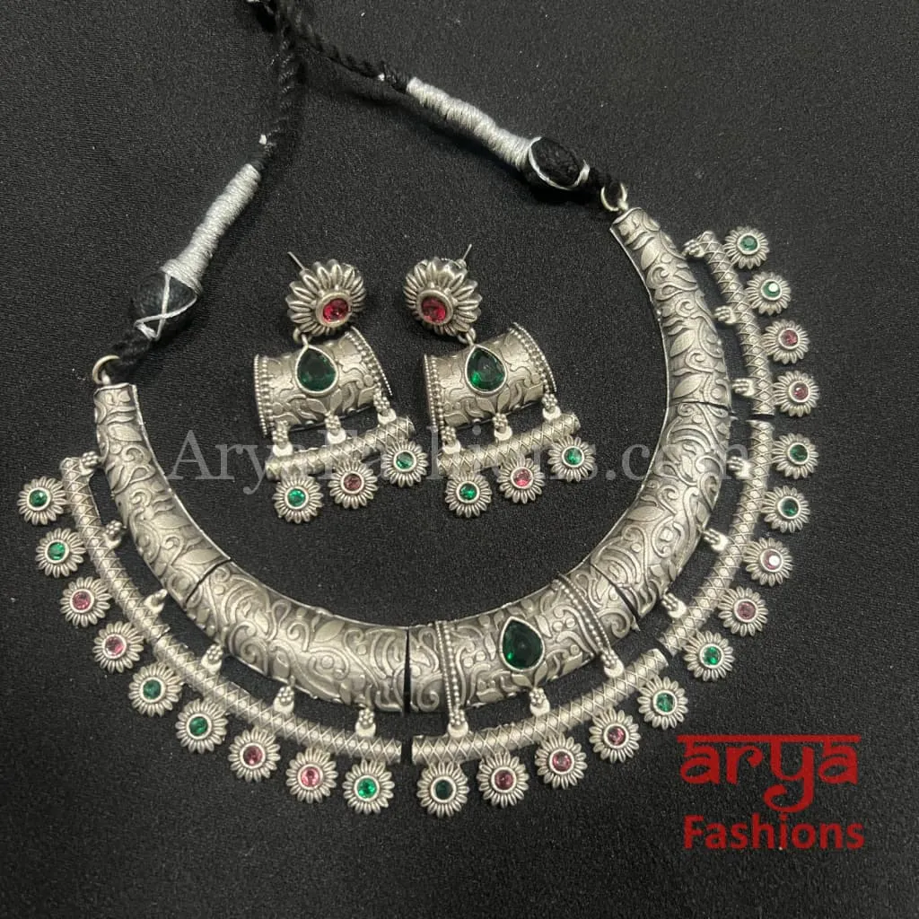 Ethnic Oxidized Silver Tribal Hasli Necklace