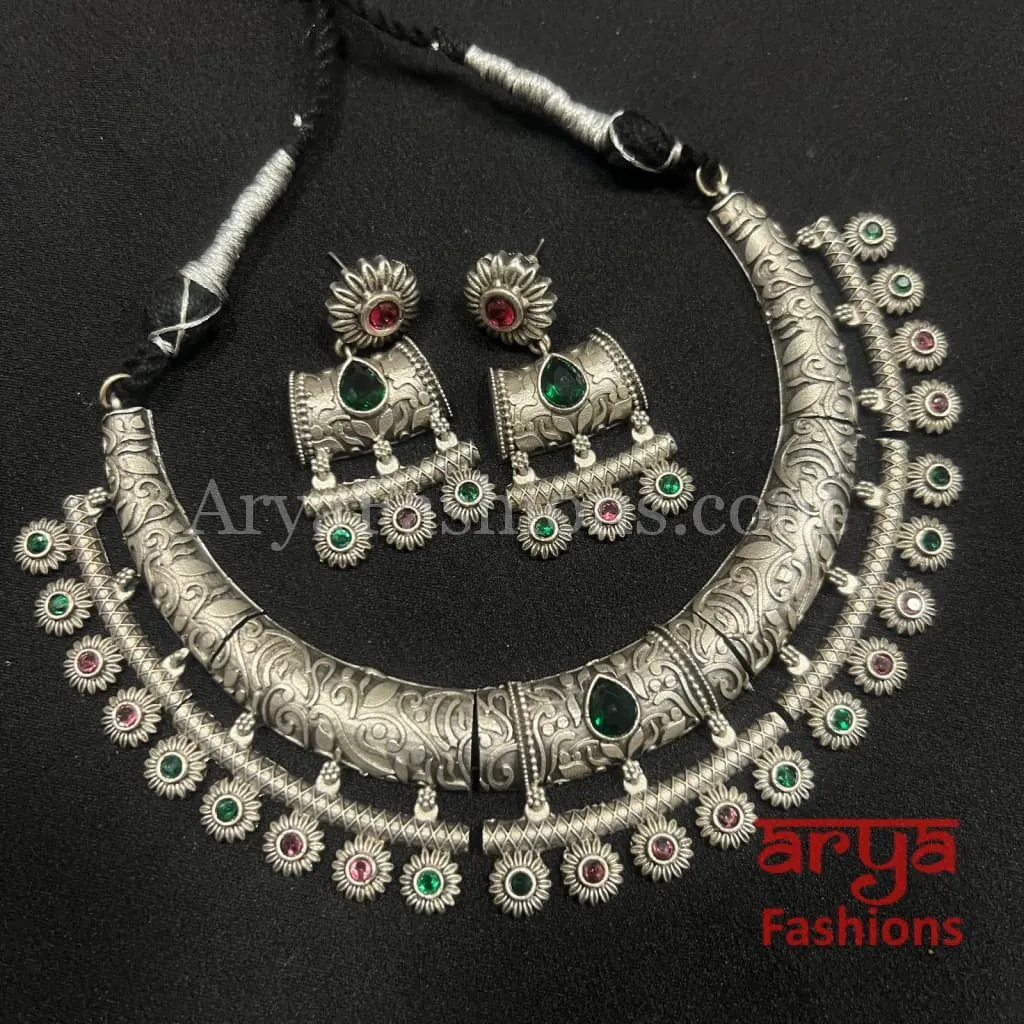 Ethnic Oxidized Silver Tribal Hasli Necklace