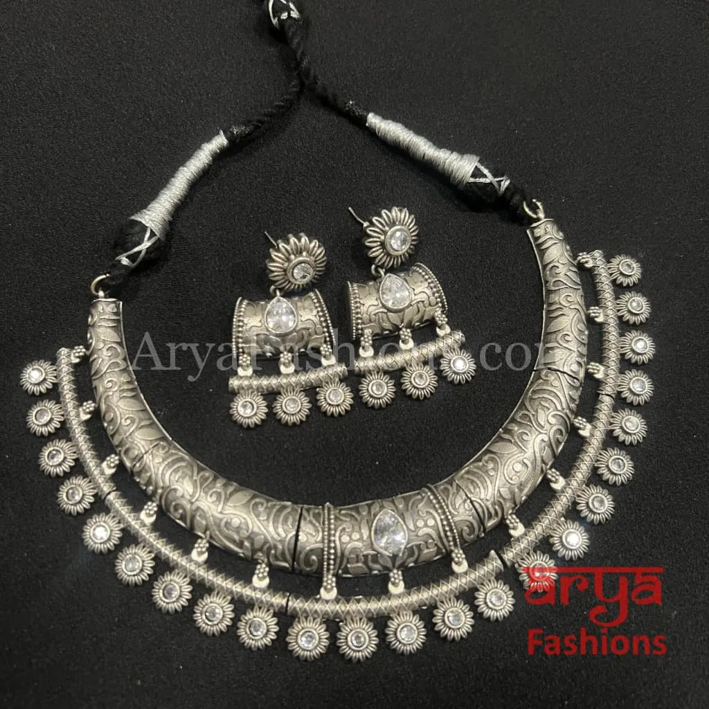 Ethnic Oxidized Silver Tribal Hasli Necklace