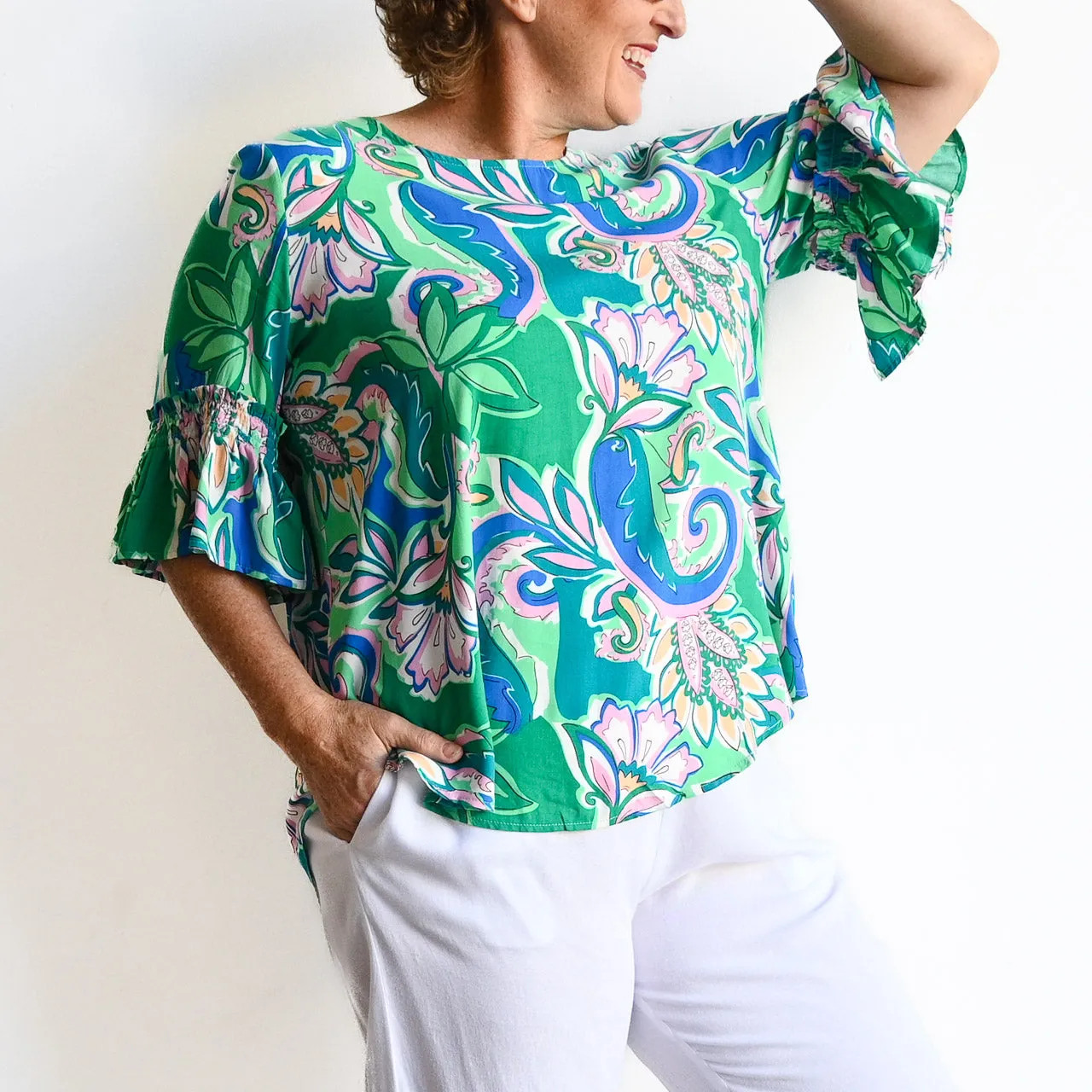Frill Sleeve Summer Blouse - Retro Paisley