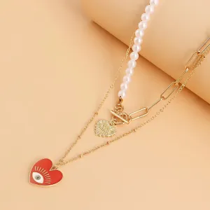 Gold Plated Evil Eye Double Heart Chunky Multilayer Necklace Alloy Necklace