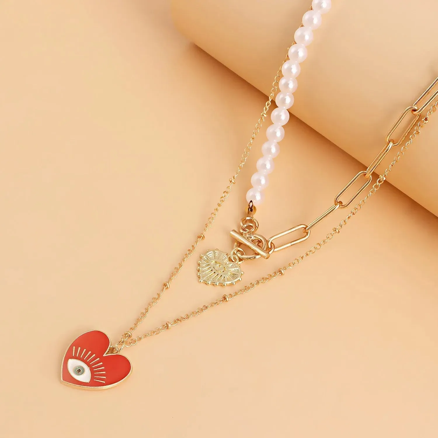 Gold Plated Evil Eye Double Heart Chunky Multilayer Necklace Alloy Necklace
