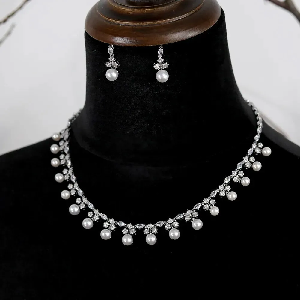 Gorgeous Cubic Zirconia Pearl Choker Necklace Earring Jewelry Set for Women