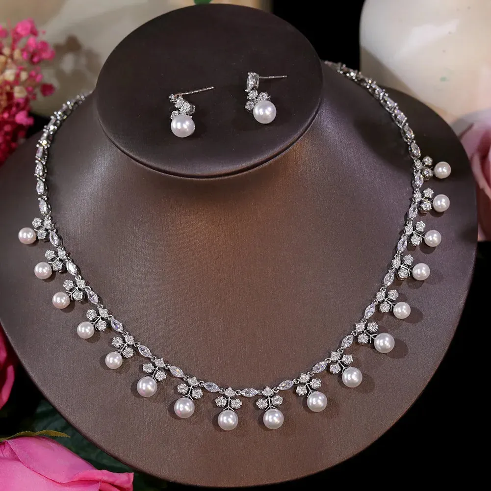 Gorgeous Cubic Zirconia Pearl Choker Necklace Earring Jewelry Set for Women