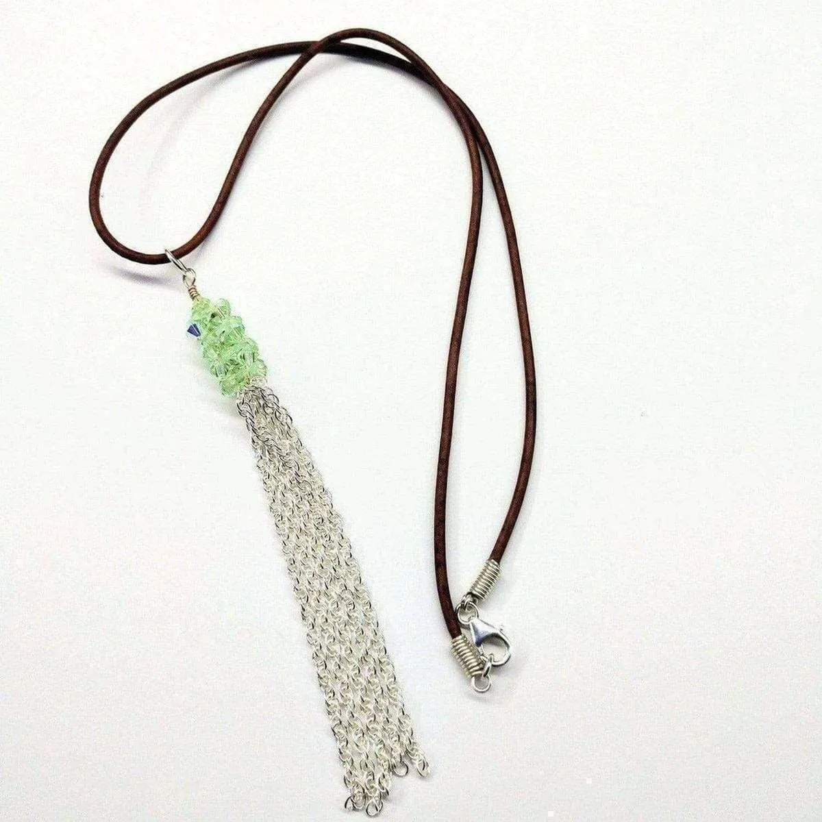 Green Crystal Barrel Silver Chain Tassel Leather Necklace
