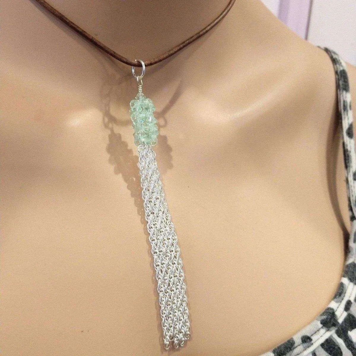 Green Crystal Barrel Silver Chain Tassel Leather Necklace