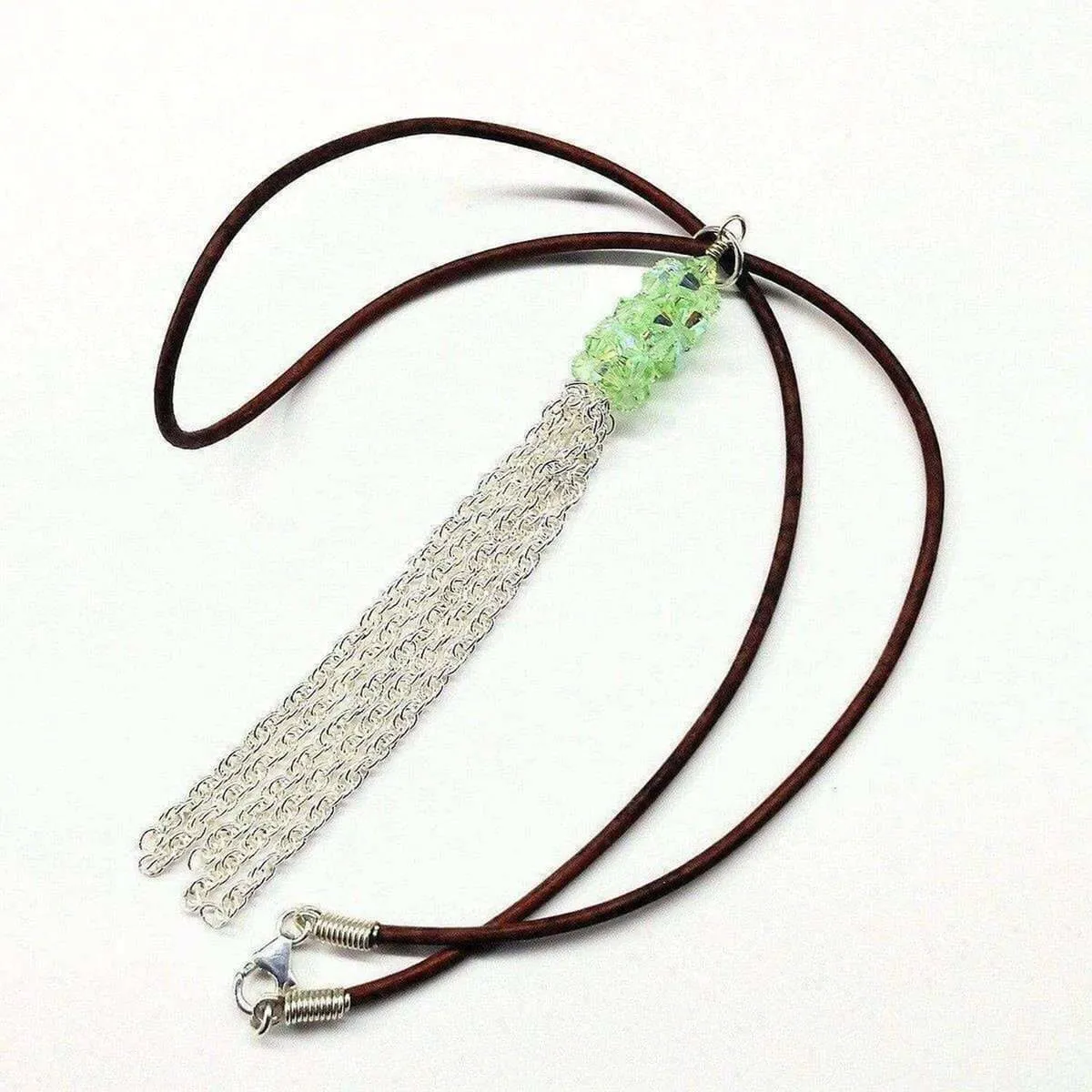 Green Crystal Barrel Silver Chain Tassel Leather Necklace