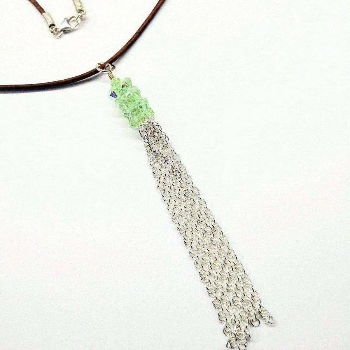 Green Crystal Barrel Silver Chain Tassel Leather Necklace