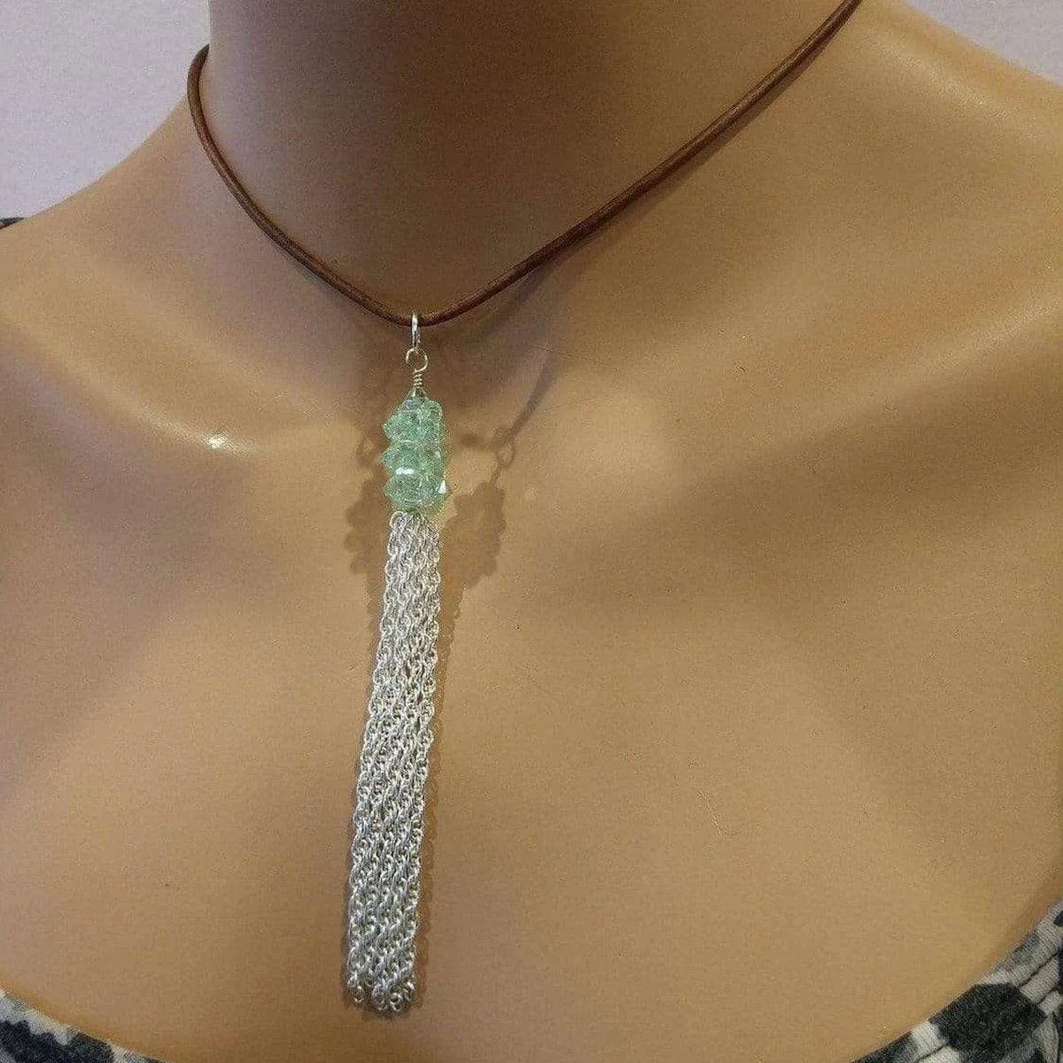 Green Crystal Barrel Silver Chain Tassel Leather Necklace