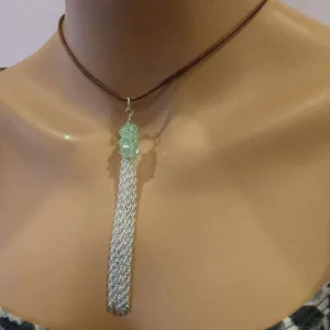 Green Crystal Barrel Silver Chain Tassel Leather Necklace