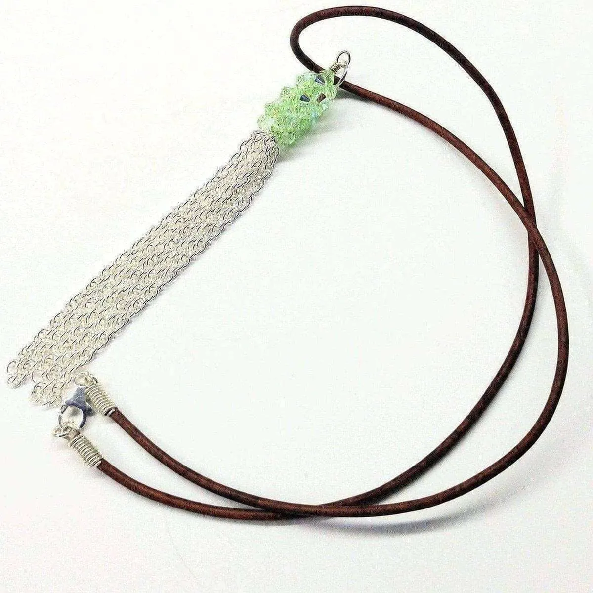 Green Crystal Barrel Silver Chain Tassel Leather Necklace