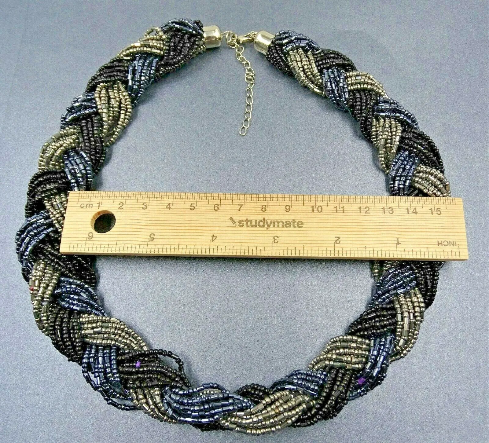 LOVELY Vintage Retro Necklace Seed Beads 24 Braided Strands Black, Grey, Blue