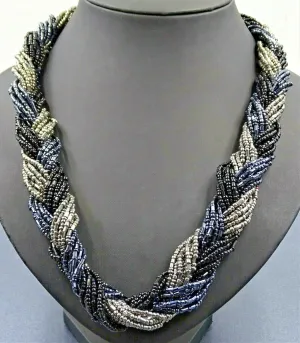LOVELY Vintage Retro Necklace Seed Beads 24 Braided Strands Black, Grey, Blue