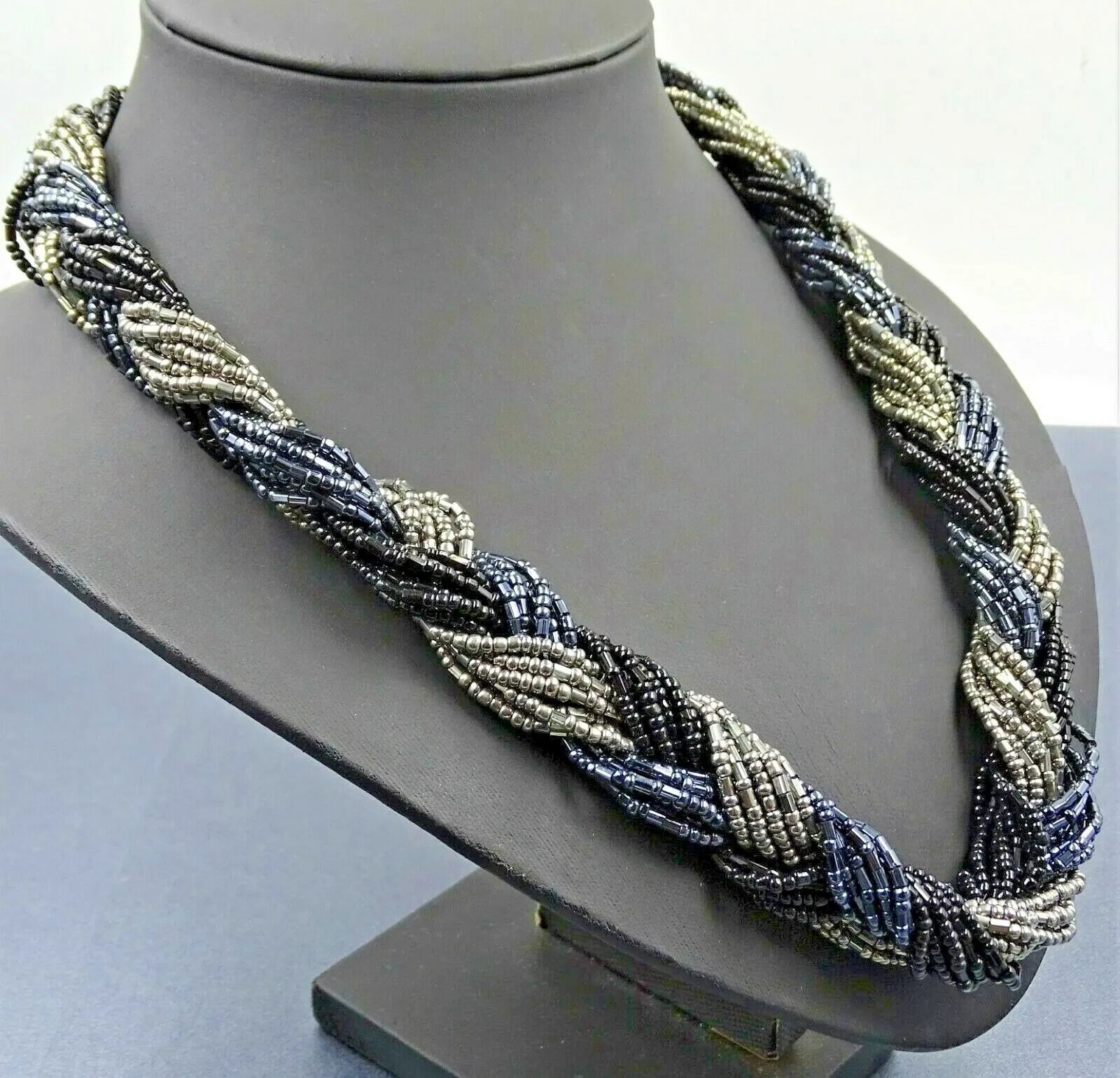 LOVELY Vintage Retro Necklace Seed Beads 24 Braided Strands Black, Grey, Blue