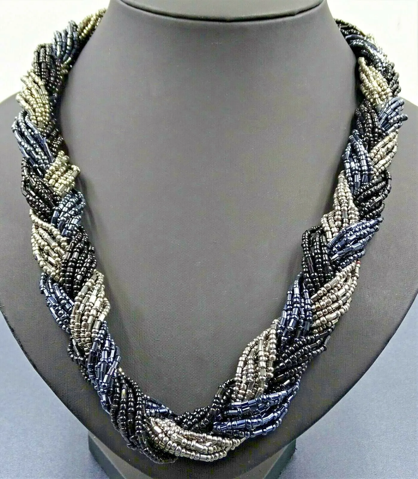 LOVELY Vintage Retro Necklace Seed Beads 24 Braided Strands Black, Grey, Blue