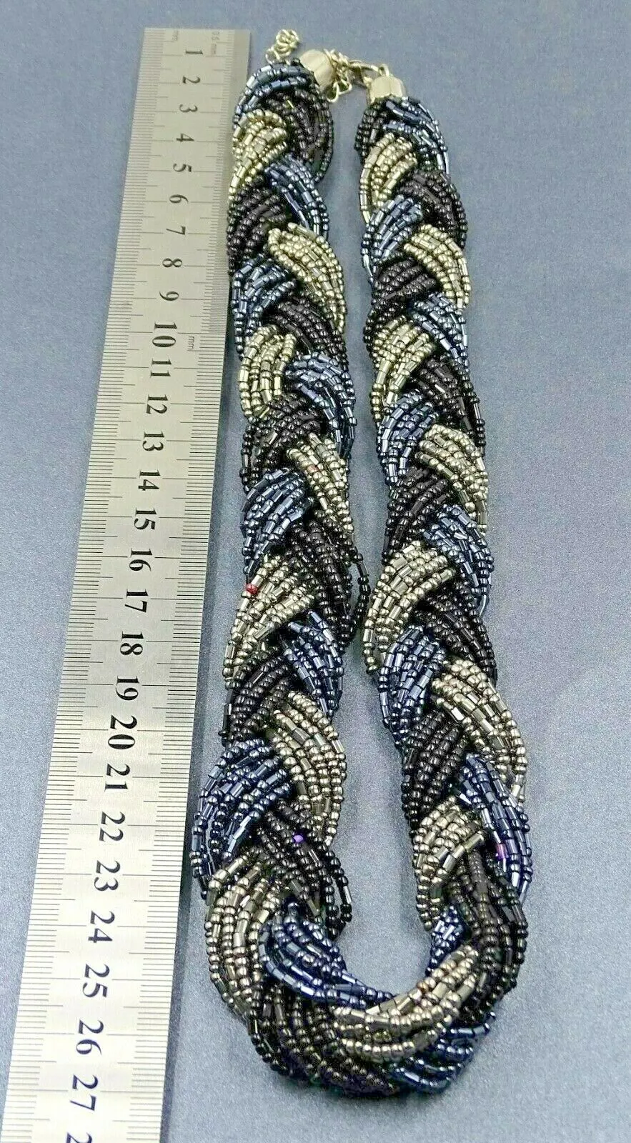 LOVELY Vintage Retro Necklace Seed Beads 24 Braided Strands Black, Grey, Blue