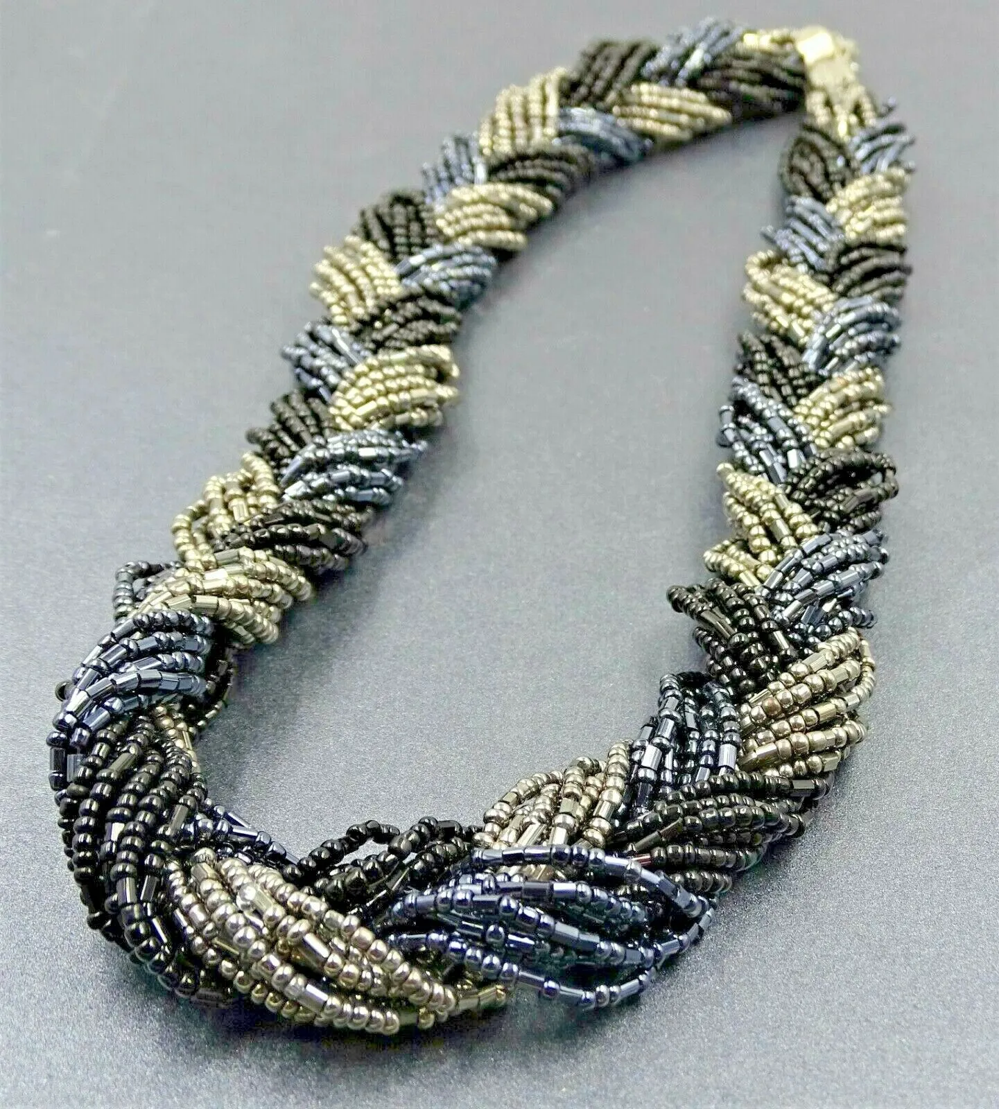 LOVELY Vintage Retro Necklace Seed Beads 24 Braided Strands Black, Grey, Blue