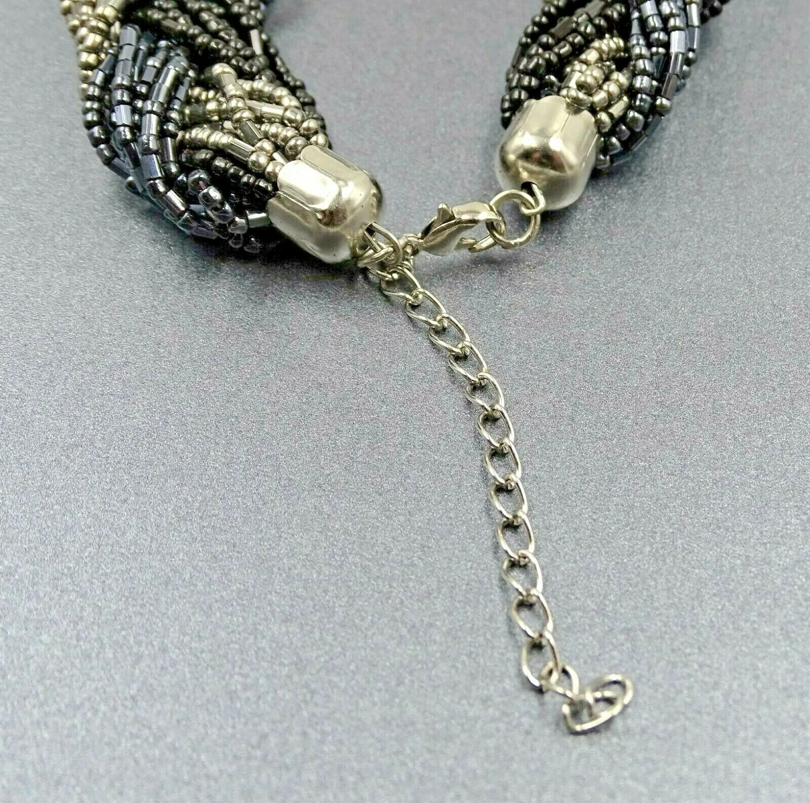 LOVELY Vintage Retro Necklace Seed Beads 24 Braided Strands Black, Grey, Blue