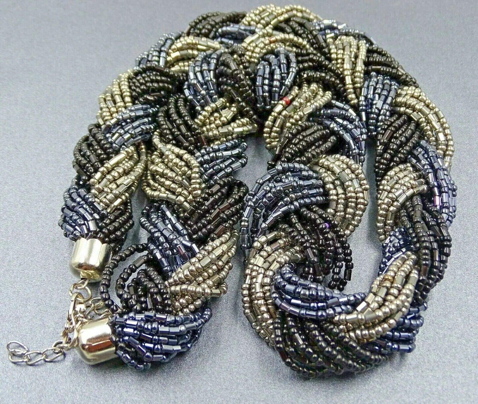 LOVELY Vintage Retro Necklace Seed Beads 24 Braided Strands Black, Grey, Blue