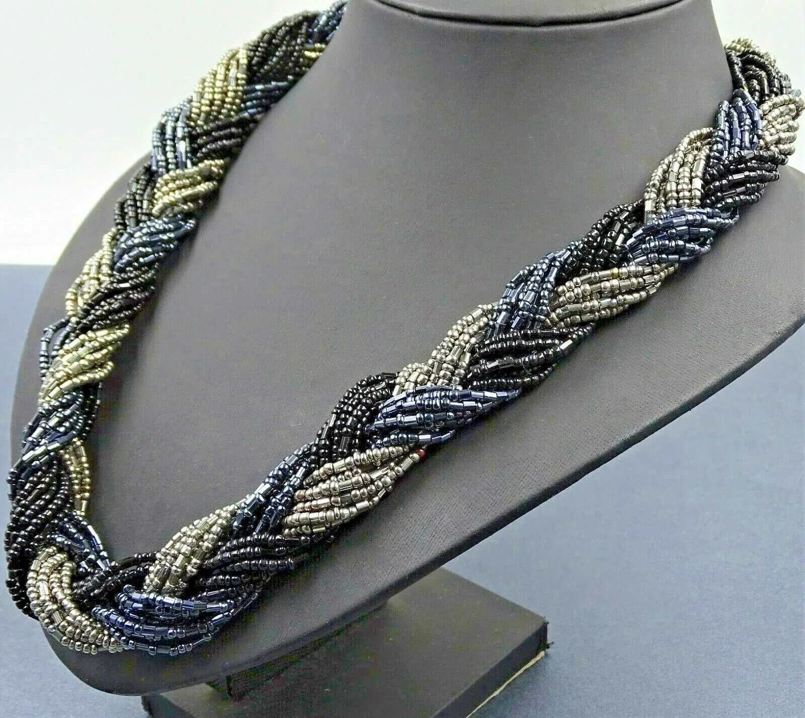 LOVELY Vintage Retro Necklace Seed Beads 24 Braided Strands Black, Grey, Blue