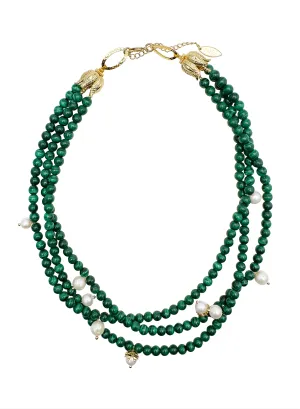 Malachite & Freshwater Pearls Triple Strands Necklace KN028