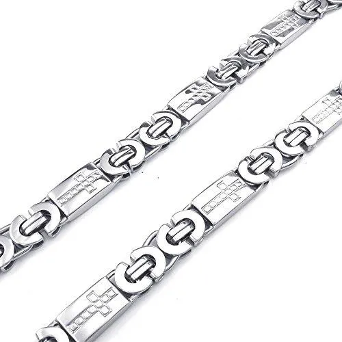 Men Stainless Steel Necklace, Heavy Wide Cross Links Chain, Silver