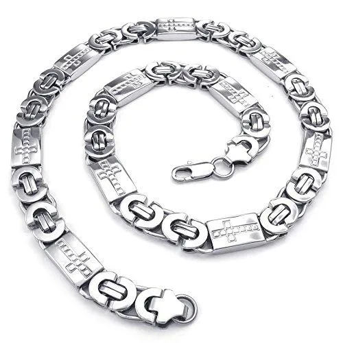 Men Stainless Steel Necklace, Heavy Wide Cross Links Chain, Silver