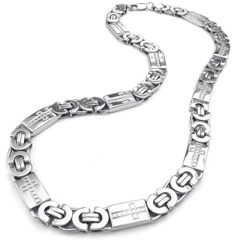 Men Stainless Steel Necklace, Heavy Wide Cross Links Chain, Silver