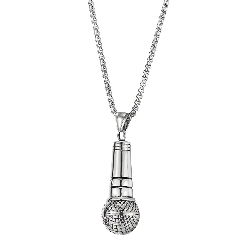 Mens Womens Stainless Steel Microphone Pendant Necklace, 30 inches Wheat Chain