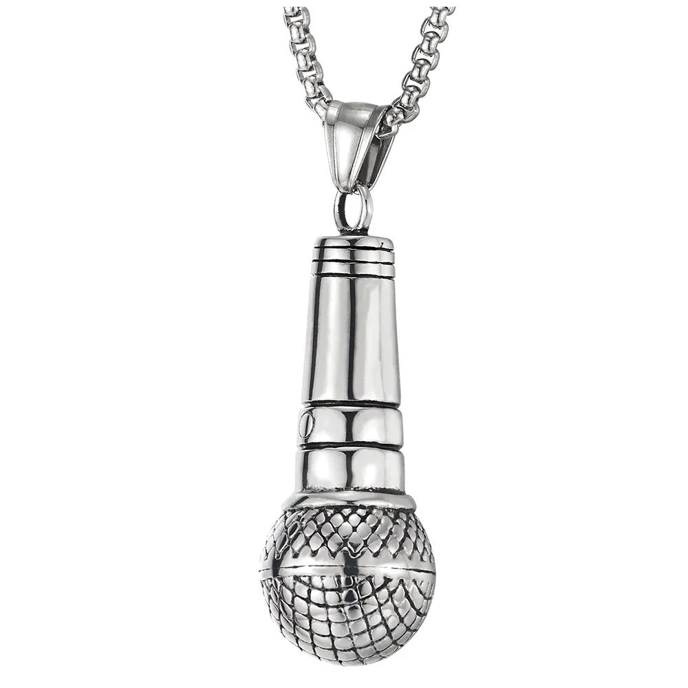 Mens Womens Stainless Steel Microphone Pendant Necklace, 30 inches Wheat Chain