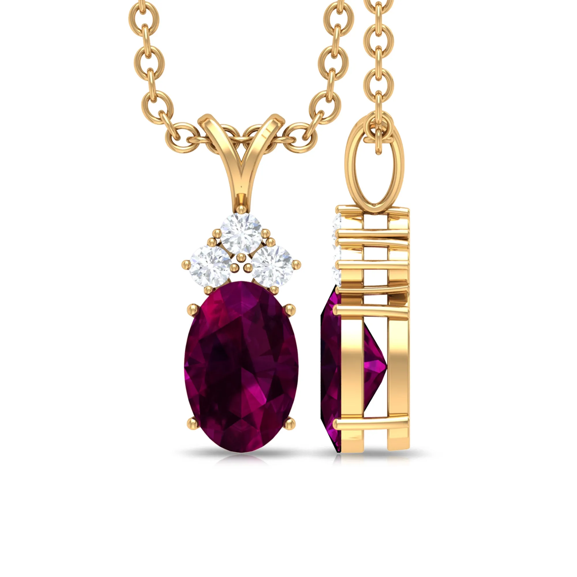 Minimal Oval Rhodolite Pendant with Diamond Stones